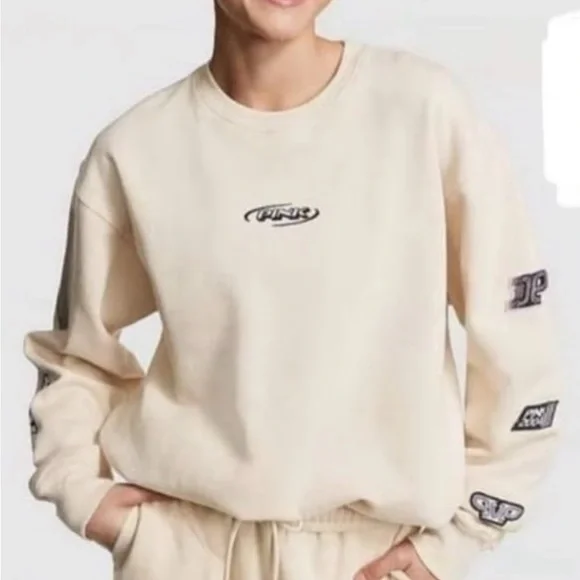 VS PINK Canvas Racing Series 3-Piece Crew Sweatshirt, Sweatpants, & Matching Tee - Picture 3 of 8